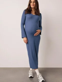 Best Next Tie Back Ribbed V-Neck Dress Light Blue