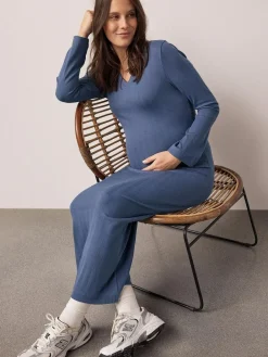 Best Next Tie Back Ribbed V-Neck Dress Light Blue