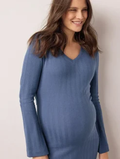 Best Next Tie Back Ribbed V-Neck Dress Light Blue