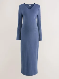 Best Next Tie Back Ribbed V-Neck Dress Light Blue