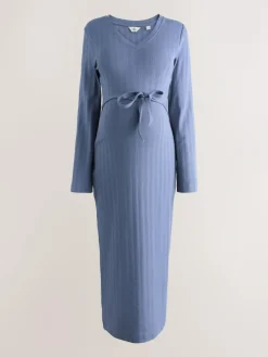 Best Next Tie Back Ribbed V-Neck Dress Light Blue