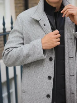 Online Next Wool Blend Mock Gilet Herringbone Padded Coat Light Grey