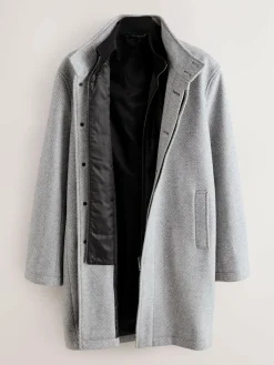 Online Next Wool Blend Mock Gilet Herringbone Padded Coat Light Grey