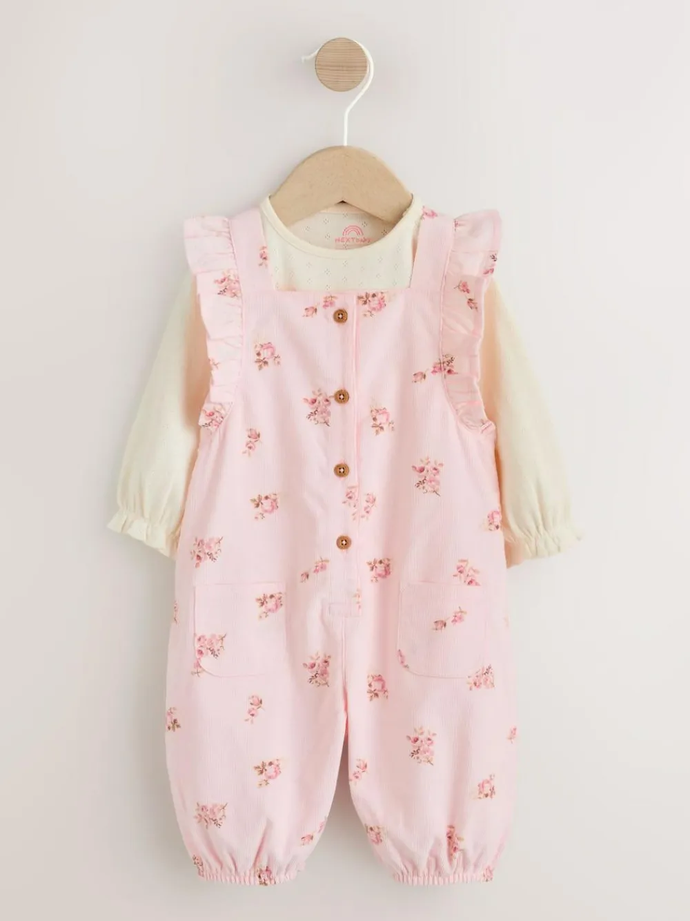 Best Next Baby Print Long Sleeve Bodysuit and Cord Dungarees Set 2 Piece (0mths-2yrs) Light Pink Ditsy