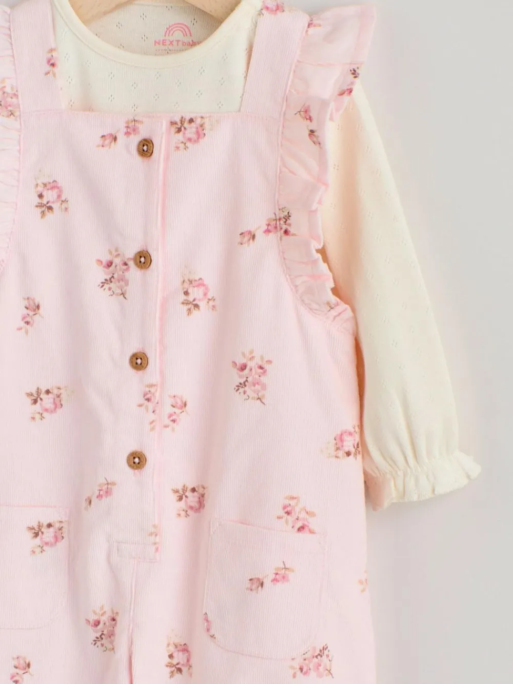 Best Next Baby Print Long Sleeve Bodysuit and Cord Dungarees Set 2 Piece (0mths-2yrs) Light Pink Ditsy