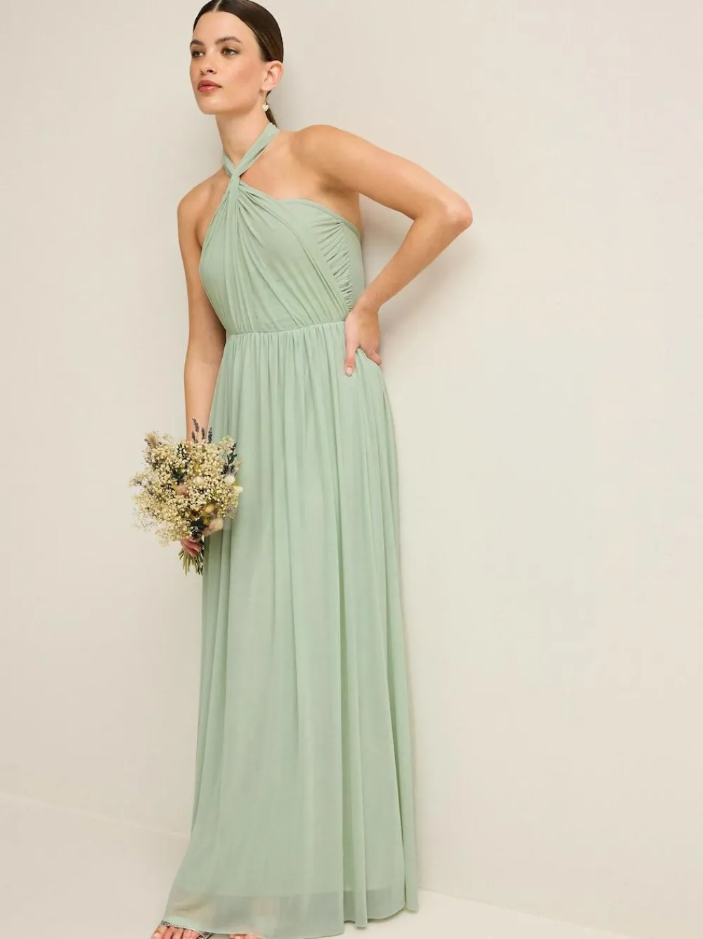 Clearance Next Light Sage Green Mesh Multiway Wedding Guest Bridesmaid Maxi Dress