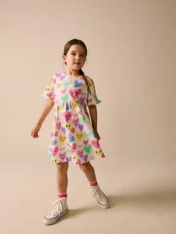 Best Next Short Sleeve Jersey Dress (3-16yrs) Light Yellow Heart Print