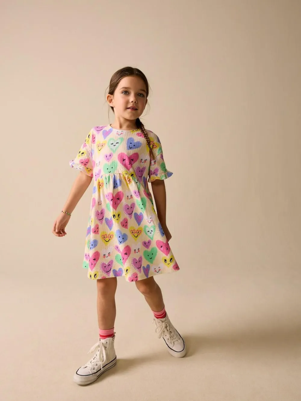Best Next Short Sleeve Jersey Dress (3-16yrs) Light Yellow Heart Print
