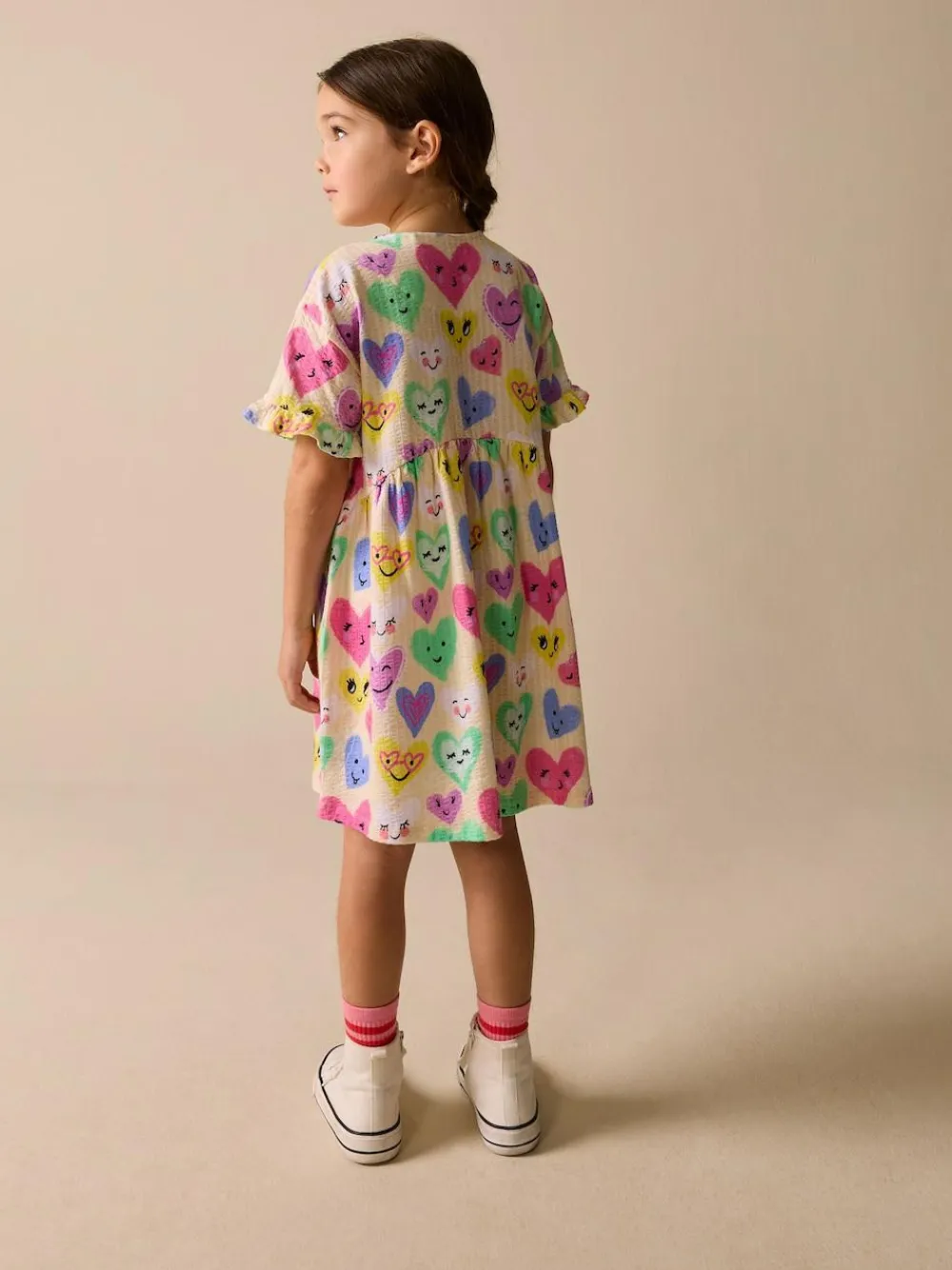 Best Next Short Sleeve Jersey Dress (3-16yrs) Light Yellow Heart Print