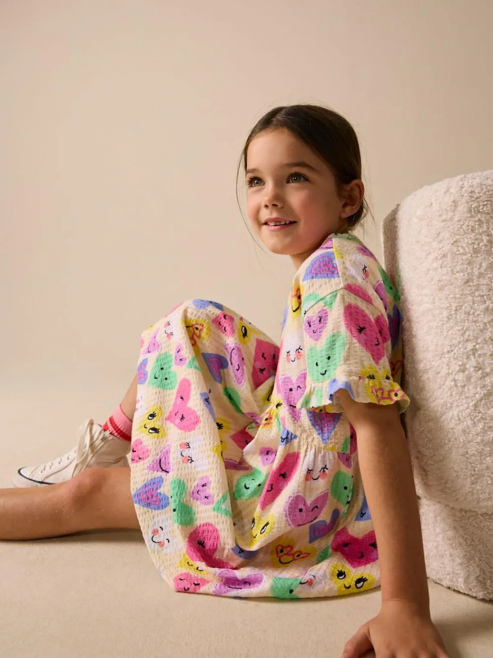 Best Next Short Sleeve Jersey Dress (3-16yrs) Light Yellow Heart Print