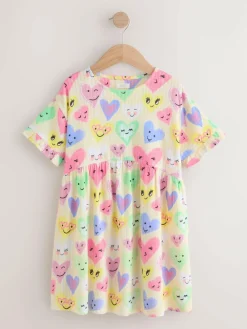 Best Next Short Sleeve Jersey Dress (3-16yrs) Light Yellow Heart Print