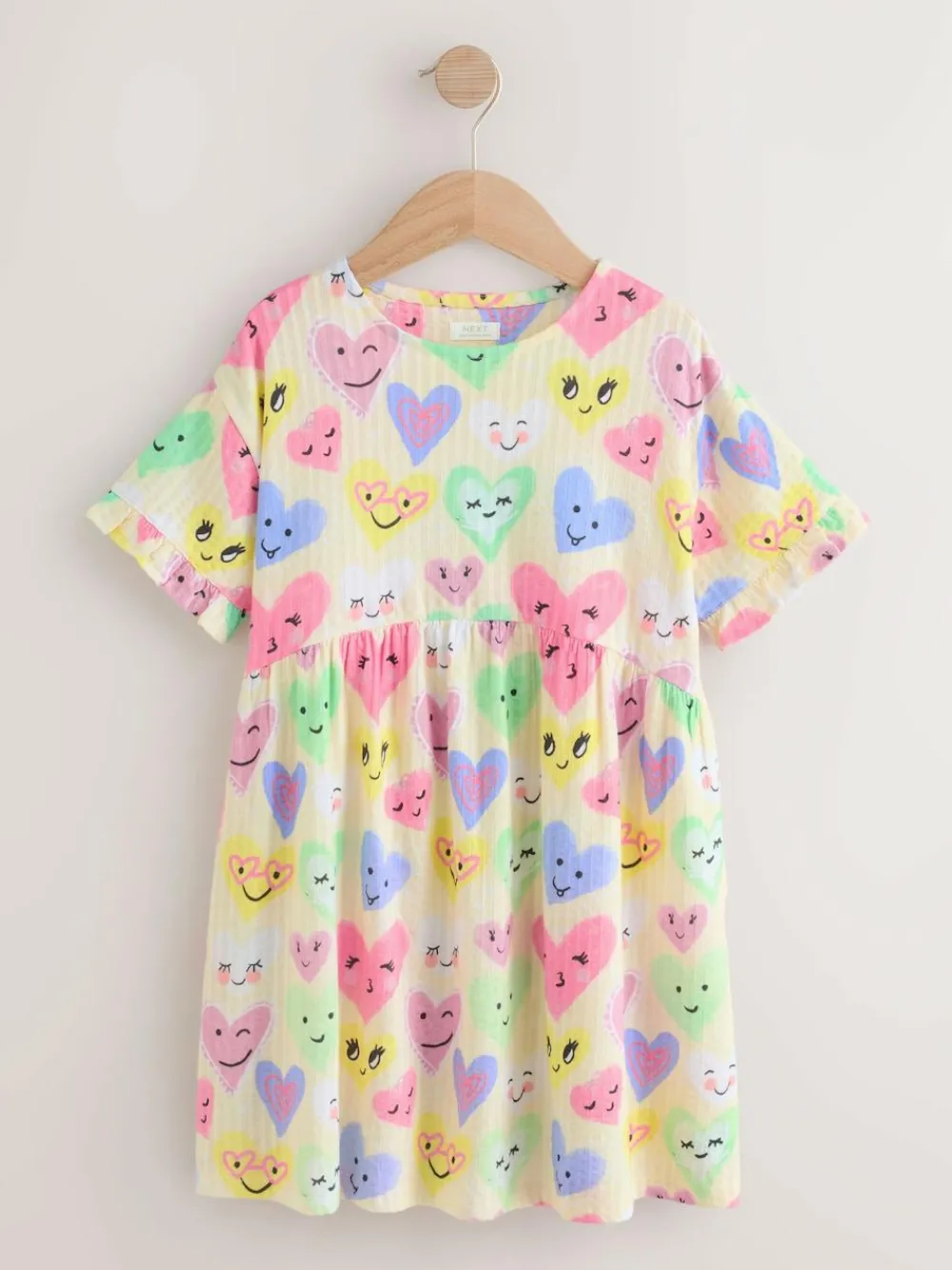 Best Next Short Sleeve Jersey Dress (3-16yrs) Light Yellow Heart Print