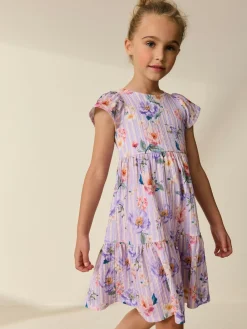 Online Next Angel Sleeve Crinkle Dress (3-16yrs) Lilac Floral