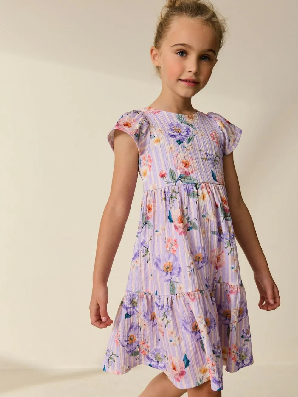 Online Next Angel Sleeve Crinkle Dress (3-16yrs) Lilac Floral