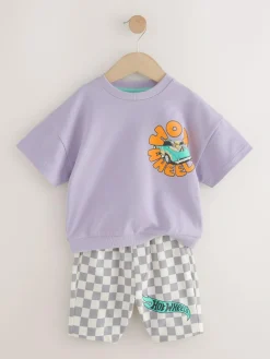 Next Lilac Purple Hot Wheels Check Short T-Shirt Set (9mths-8yrs)^BOY Shorts|Tops