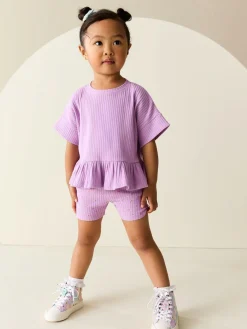 New Next Lilac Purple Short Sleeve Ribbed Top and Shorts Set (3mths-7yrs)