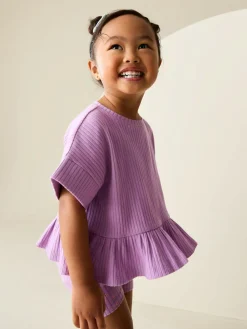 New Next Lilac Purple Short Sleeve Ribbed Top and Shorts Set (3mths-7yrs)