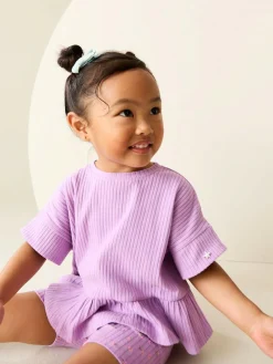 New Next Lilac Purple Short Sleeve Ribbed Top and Shorts Set (3mths-7yrs)