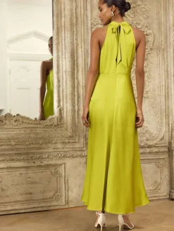 Next Lime Green Textured Satin Halter Sleeveless Midi Dress^Women Maxi Dresses