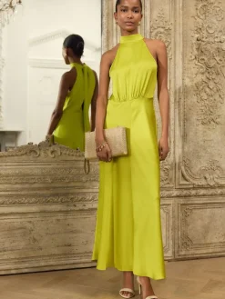 Next Lime Green Textured Satin Halter Sleeveless Midi Dress^Women Maxi Dresses
