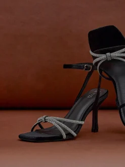 Linzi Black Polly Stiletto Heeled Sandals With Diamante Knot Detail^Women Heels