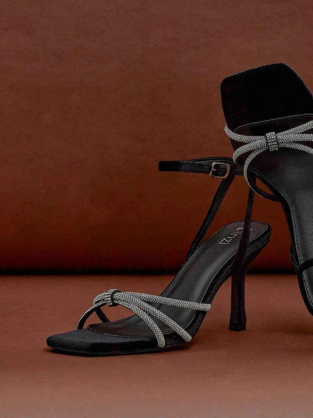 Linzi Black Polly Stiletto Heeled Sandals With Diamante Knot Detail^Women Heels