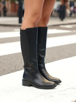 Online Linzi Power High Leg Boots With Stretch Side Panel and Buckle Detail Black