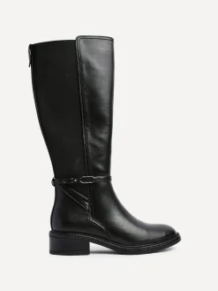 Online Linzi Power High Leg Boots With Stretch Side Panel and Buckle Detail Black