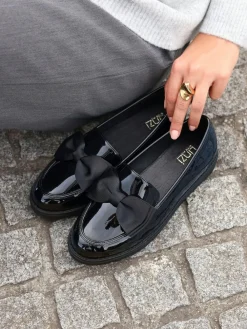 Linzi Black Wide Fit Violetta Classic Slip-On Loafers With Fabric Bow Detail^Women Flats