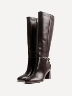 Discount Linzi Midtown Block Heel High Leg Boots With Buckle Detail Brown