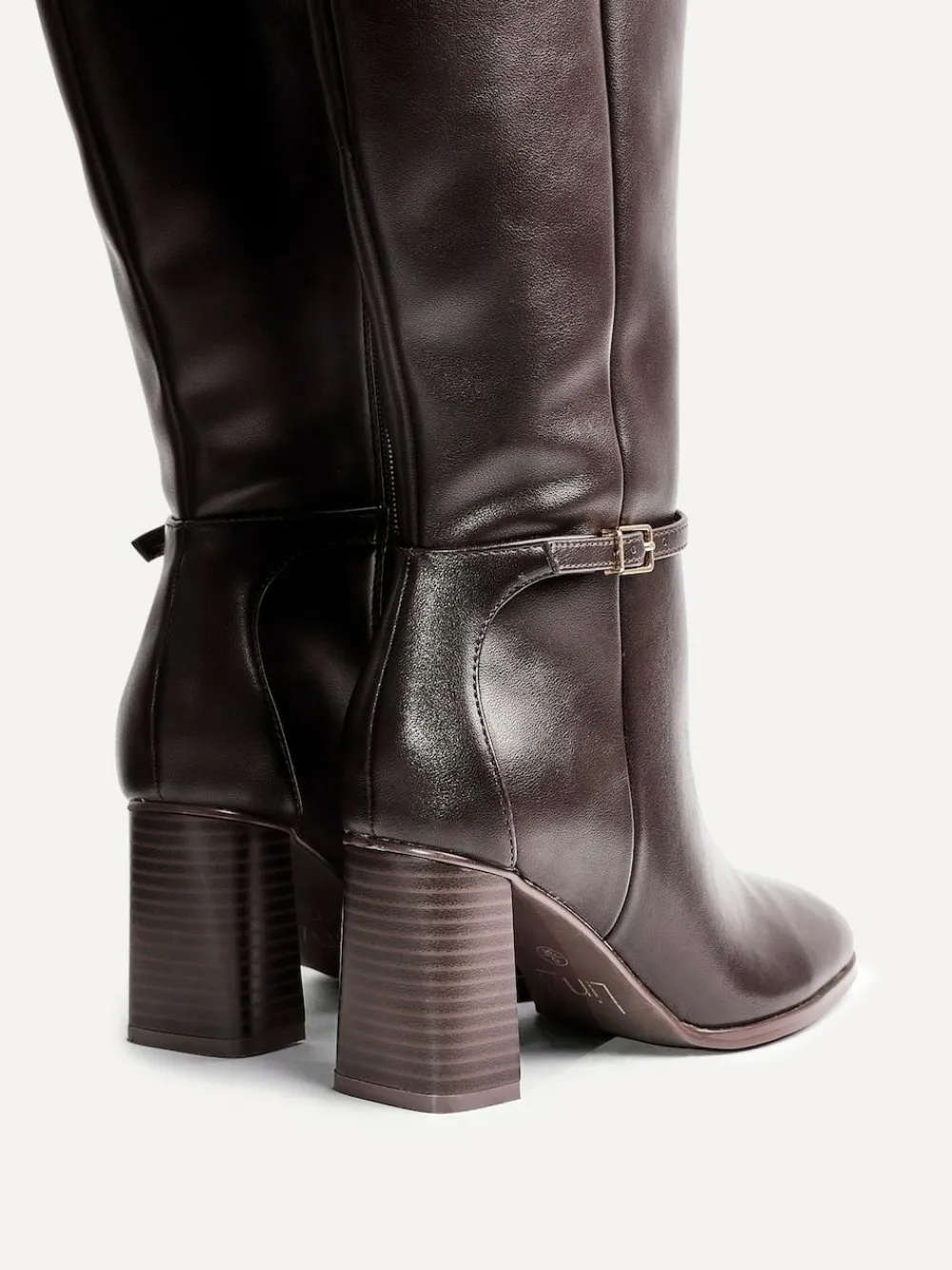 Discount Linzi Midtown Block Heel High Leg Boots With Buckle Detail Brown