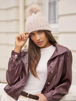 Lipsy Beige Shimmer Ribbed Pom Hat