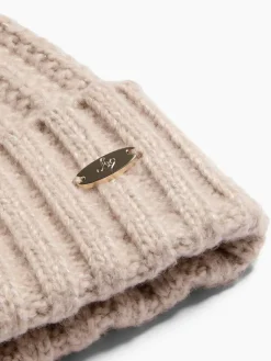 Lipsy Beige Shimmer Ribbed Pom Hat