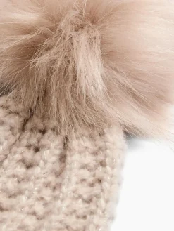 Lipsy Beige Shimmer Ribbed Pom Hat