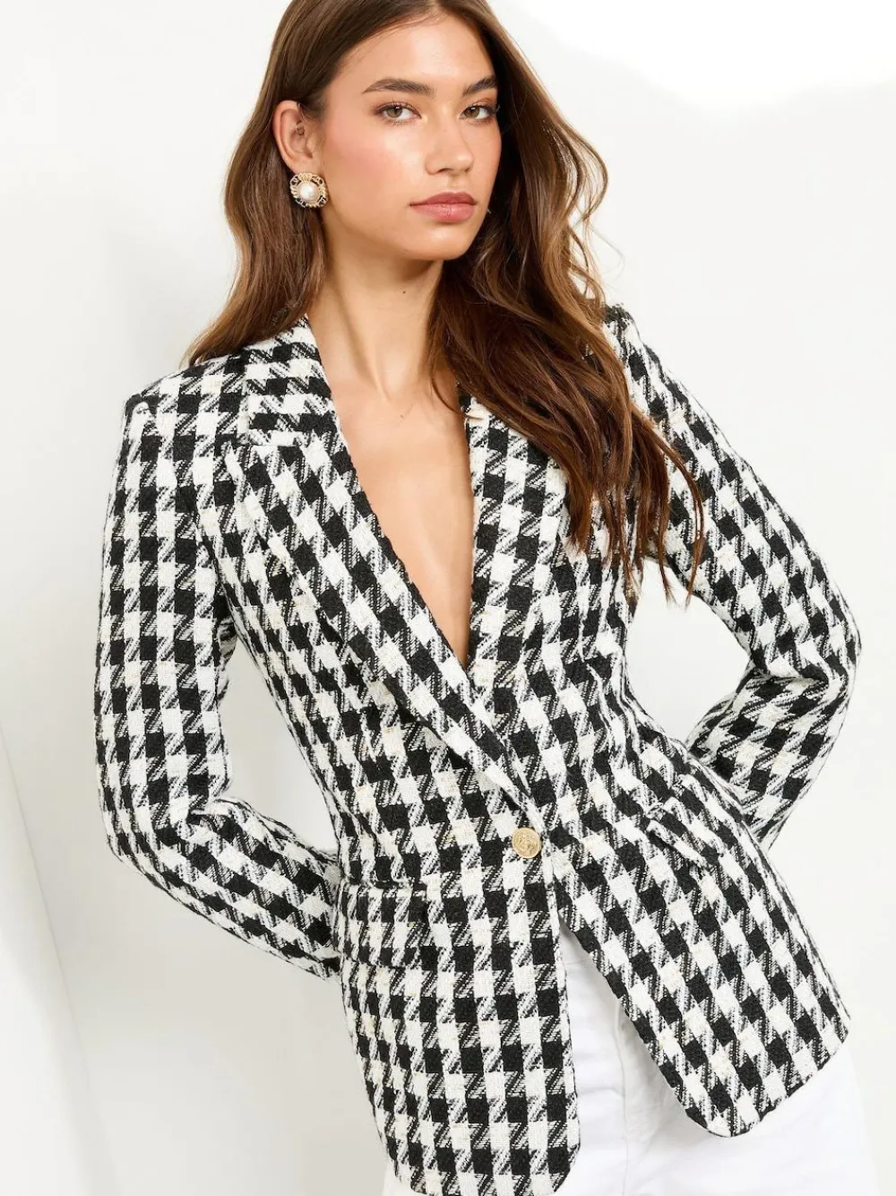 Lipsy Black and White Houndstooth Single Breasted Blazer^Women Blazers|Suits & Tailoring
