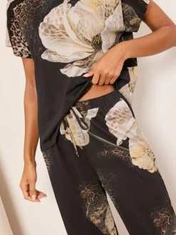 Lipsy Black Animal Floral Print Short Sleeve Top And Trousers Jersey Pyjamas Set^Women All Night & Lounge|Pyjamas