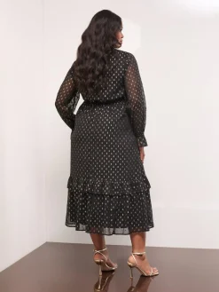 Lipsy Black Curve Metallic Spot V-Neck Ruffle Midi Dress^Women Midi Dresses