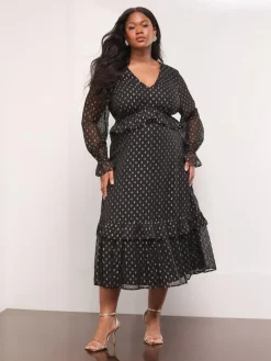 Lipsy Black Curve Metallic Spot V-Neck Ruffle Midi Dress^Women Midi Dresses