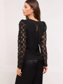 Hot Lipsy Black 3D Fabric Puff Sleeve Top