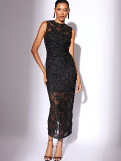 Lipsy Black 3d Floral Mesh Midaxi Bodycon Dress