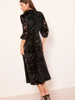 Hot Lipsy Black Devore Velvet Puff Sleeve Midi Dress