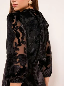 Hot Lipsy Black Devore Velvet Puff Sleeve Midi Dress