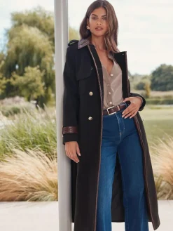 Lipsy Black Double Breasted Military Longline Coat^Women Coats & Jackets|Coats & Jackets