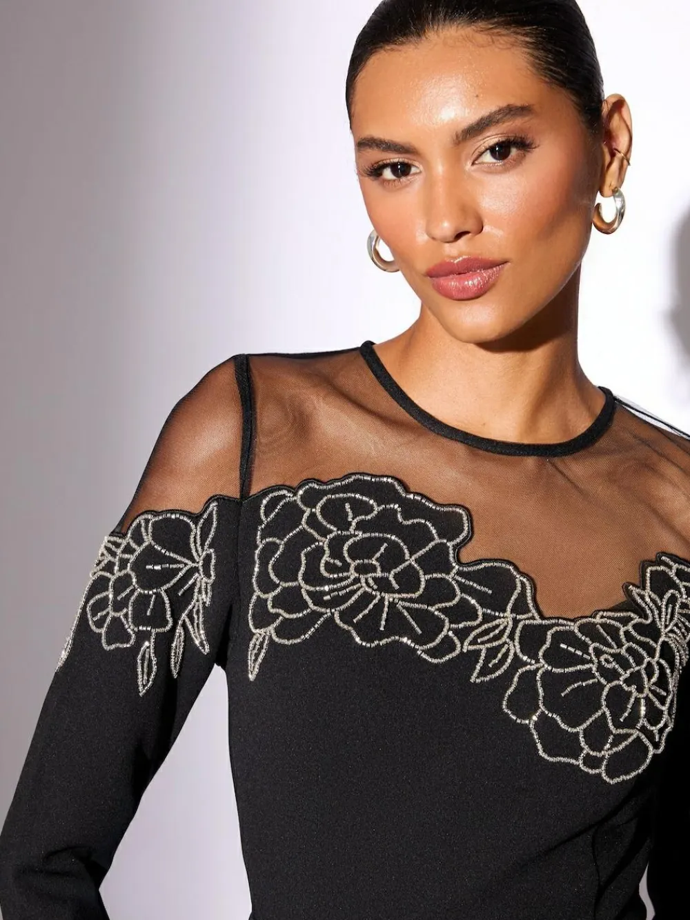 New Lipsy Black Embellished Floral Long Sleeve Skater Mini Dress