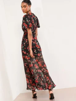 Hot Lipsy Black Floral Print Short Sleeve Woven Maxi Dress