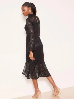 Lipsy Black High Neck Lace Flare Sleeve Midi Dress^Women Occasion Dresses