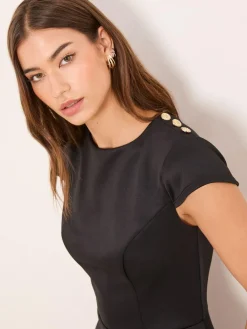 Online Lipsy Black Historic Waist Button Detail Short Sleeve Mini Dress