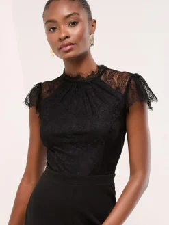 Lipsy Black Lace High Neck Short Sleeve Jumpsuit