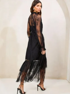 Sale Lipsy Lace Ruffle Long Sleeve Midi Dress Black