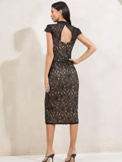 Sale Lipsy Black Lace Short Sleeve Bodycon Midi Dress